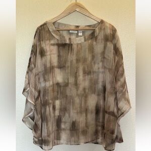 CHICO'S Tunic Top S/M‎ Kimono Style Beige Brown Abstract Watercolor Print EC